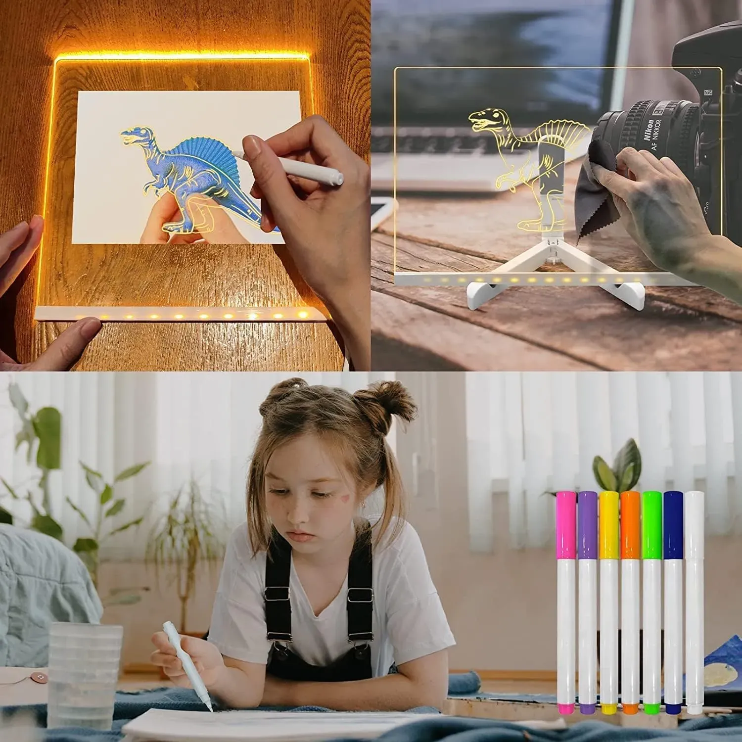 LED Light-Up Writing Board With 7 Marker – 15×15 cm Acrylic Message Pad with Stand - Image 2