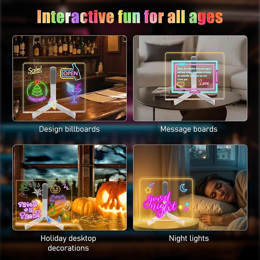 LED Light-Up Writing Board With 7 Marker – 15×15 cm Acrylic Message Pad with Stand - Image 3