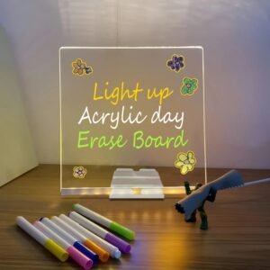 LED Light-Up Writing Board With 7 Marker – 15×15 cm Acrylic Message Pad with Stand